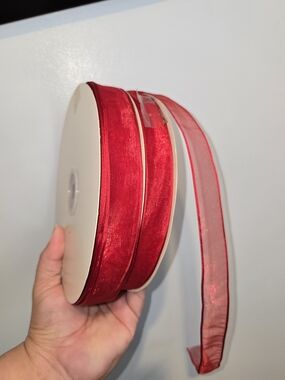 2 Vintage Red Glimmer Semi Sheer Wire Edge Ribbon - Filene's Gift Wrap Office